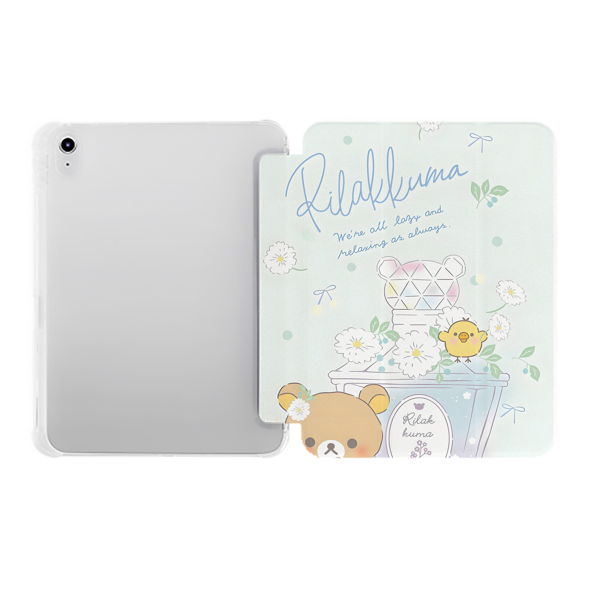 （画像用） リラックマ リラックマ キイロイトリ Rilakkuma Korilakkuma Kiiroitori IPad ケース ペン収納付き 三つ折りスタンド PUレザー×シリコン 対応機種9.5/10.5/10.9インチ